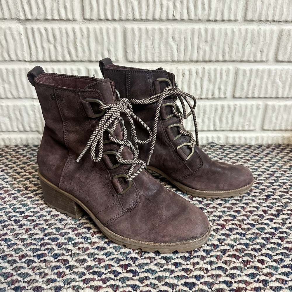 SOREL Women's Cate Lace-Up Boots Brown Water-Resistant Leather Block Heel Size 9